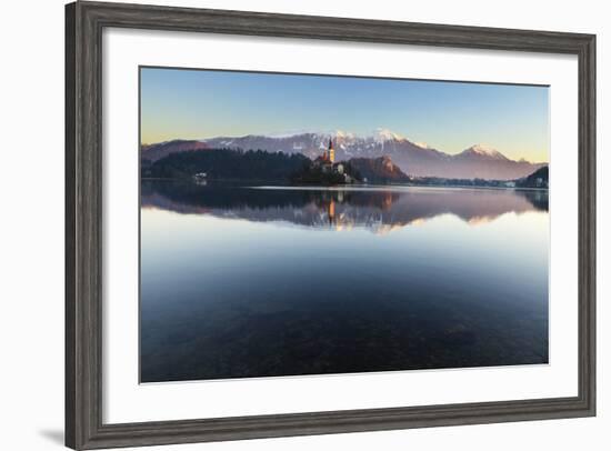 The Assumption of Mary Pilgrimage Church on Lake Bled and Bled Castle, Bled, Slovenia, Europe-Miles Ertman-Framed Photographic Print