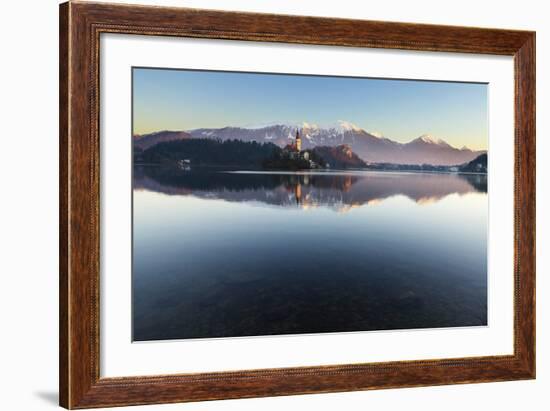 The Assumption of Mary Pilgrimage Church on Lake Bled and Bled Castle, Bled, Slovenia, Europe-Miles Ertman-Framed Photographic Print