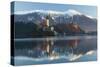 The Assumption of Mary Pilgrimage Church on Lake Bled and Bled Castle, Bled, Slovenia, Europe-Miles Ertman-Stretched Canvas