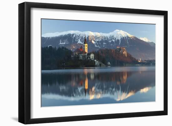 The Assumption of Mary Pilgrimage Church on Lake Bled and Bled Castle, Bled, Slovenia, Europe-Miles Ertman-Framed Photographic Print