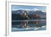 The Assumption of Mary Pilgrimage Church on Lake Bled and Bled Castle, Bled, Slovenia, Europe-Miles Ertman-Framed Photographic Print