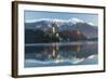 The Assumption of Mary Pilgrimage Church on Lake Bled and Bled Castle, Bled, Slovenia, Europe-Miles Ertman-Framed Photographic Print