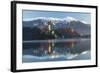 The Assumption of Mary Pilgrimage Church on Lake Bled and Bled Castle, Bled, Slovenia, Europe-Miles Ertman-Framed Photographic Print
