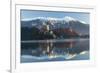 The Assumption of Mary Pilgrimage Church on Lake Bled and Bled Castle, Bled, Slovenia, Europe-Miles Ertman-Framed Photographic Print