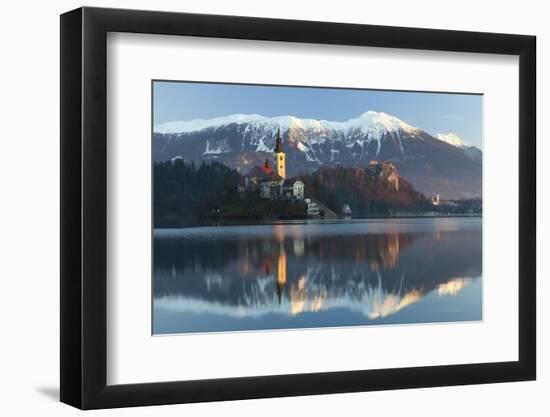 The Assumption of Mary Pilgrimage Church on Lake Bled and Bled Castle, Bled, Slovenia, Europe-Miles Ertman-Framed Photographic Print