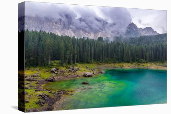 The Astonishing Colours of the Water of the Karersee, in Trentino, During a Rainy Day-Fabio Lotti-Stretched Canvas
