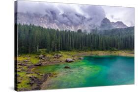 The Astonishing Colours of the Water of the Karersee, in Trentino, During a Rainy Day-Fabio Lotti-Stretched Canvas