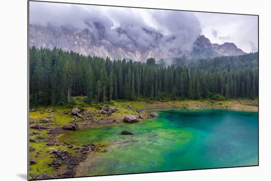 The Astonishing Colours of the Water of the Karersee, in Trentino, During a Rainy Day-Fabio Lotti-Mounted Photographic Print