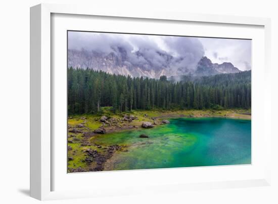 The Astonishing Colours of the Water of the Karersee, in Trentino, During a Rainy Day-Fabio Lotti-Framed Photographic Print