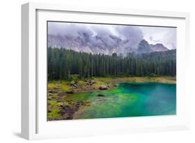 The Astonishing Colours of the Water of the Karersee, in Trentino, During a Rainy Day-Fabio Lotti-Framed Photographic Print