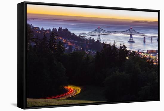 The Astoria-Megler Bridge over the Columbia River & the town of Astoria, Oregon, USA-Mark A Johnson-Framed Stretched Canvas