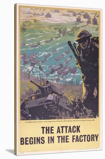 The Attack Begins in the Factory, WWII Poster, 1943-null-Stretched Canvas