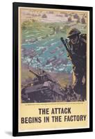 The Attack Begins in the Factory, WWII Poster, 1943-null-Framed Giclee Print