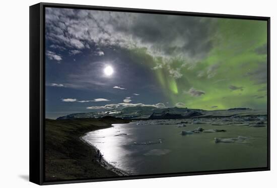 The Aurora Borealis (Northern Lights) over Jokulsarlon Glacial Lagoon, Vatnajokull National Park-Lee Frost-Framed Stretched Canvas