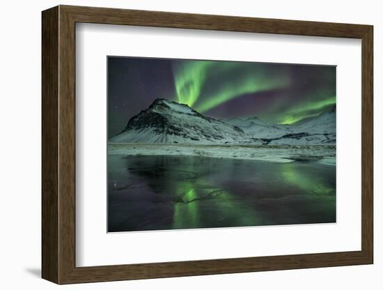 The Aurora Borealis Reflected in a Small Lake in Iceland with Mountains in the Background-Alex Saberi-Framed Photographic Print