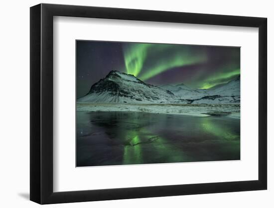 The Aurora Borealis Reflected in a Small Lake in Iceland with Mountains in the Background-Alex Saberi-Framed Photographic Print