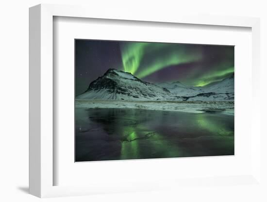 The Aurora Borealis Reflected in a Small Lake in Iceland with Mountains in the Background-Alex Saberi-Framed Photographic Print