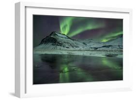 The Aurora Borealis Reflected in a Small Lake in Iceland with Mountains in the Background-Alex Saberi-Framed Photographic Print