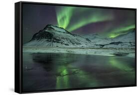 The Aurora Borealis Reflected in a Small Lake in Iceland with Mountains in the Background-Alex Saberi-Framed Stretched Canvas