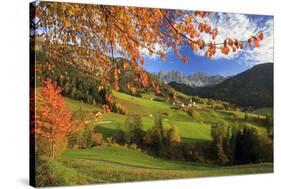 The Autumn Colors of a Tree Overlooking Val Di Funes and St. Magdalena Village-Roberto Moiola-Stretched Canvas