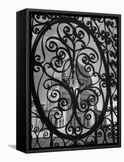 The Bahai Temple Standing Tall Behind the Entry Gates-George Skadding-Framed Stretched Canvas