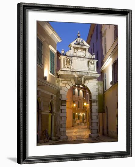 The Balbi Arch and Pedestrianized Grisia Illuminated at Dusk, Rovinj (Rovigno), Istria, Croatia-Ruth Tomlinson-Framed Photographic Print