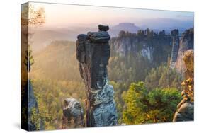The Bastei in the Background, Elbe Sandstone Mountains, Saxon Switzerland, Germany-Peter Adams-Stretched Canvas