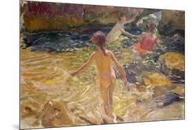 The Bath, Jávea. Sorolla's wife and daughters splash in the ocean on the Spanish coast.-Joaquin Sorolla-Mounted Poster