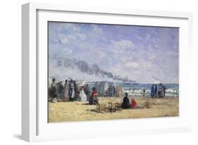 The Beach at Trouville at Bathing Time; La Plage De Trouville a L'Heure Du Bain, 1868-Eug?ne Boudin-Framed Giclee Print