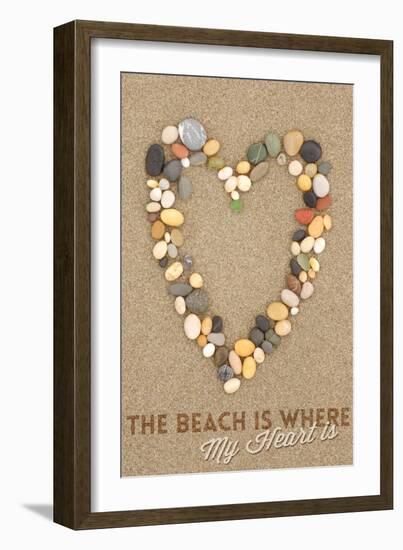 The Beach Is Where My Heart Is - Stone Heart on Sand-Lantern Press-Framed Art Print