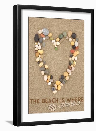 The Beach Is Where My Heart Is - Stone Heart on Sand-Lantern Press-Framed Art Print