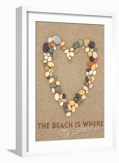 The Beach Is Where My Heart Is - Stone Heart on Sand-Lantern Press-Framed Art Print