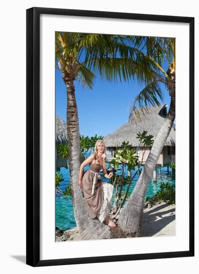 The Beautiful Woman with a Rose at a Palm Tree. Bora-Bora Tahiti-Konstik-Framed Photographic Print