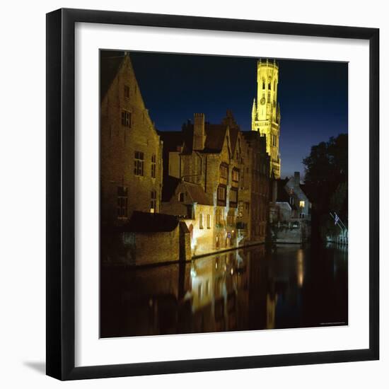 The Belfry of Belfort-Hallen Illuminated at Night, Bruges, Unesco World Heritage Site, Belgium-Lee Frost-Framed Photographic Print