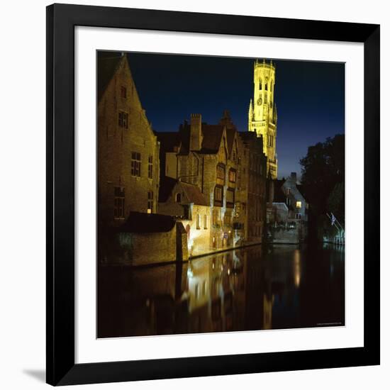 The Belfry of Belfort-Hallen Illuminated at Night, Bruges, Unesco World Heritage Site, Belgium-Lee Frost-Framed Photographic Print