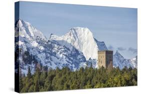 The Belvedere Tower Frames Snowy Peaks and Peak Badile on a Spring Day, Switzerland-Roberto Moiola-Stretched Canvas