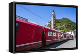 The Bernina Express Train Passes Near the Sanctuary of Madonna Di Tirano, Lombardy, Italy-Roberto Moiola-Framed Stretched Canvas