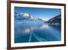 The Bernina Express train runs beside the frozen Lago Bianco, Bernina Pass, canton of Graubunden, E-Roberto Moiola-Framed Photographic Print