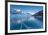 The Bernina Express train runs beside the frozen Lago Bianco, Bernina Pass, canton of Graubunden, E-Roberto Moiola-Framed Photographic Print