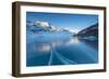 The Bernina Express train runs beside the frozen Lago Bianco, Bernina Pass, canton of Graubunden, E-Roberto Moiola-Framed Photographic Print