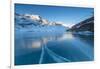 The Bernina Express train runs beside the frozen Lago Bianco, Bernina Pass, canton of Graubunden, E-Roberto Moiola-Framed Photographic Print