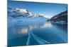 The Bernina Express train runs beside the frozen Lago Bianco, Bernina Pass, canton of Graubunden, E-Roberto Moiola-Mounted Photographic Print