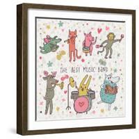 The Best Music Band. Cartoon Animals Playing on Various Musical Instruments - Drums, Accordion, Flu-smilewithjul-Framed Art Print