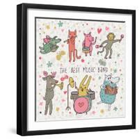 The Best Music Band. Cartoon Animals Playing on Various Musical Instruments - Drums, Accordion, Flu-smilewithjul-Framed Art Print