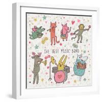 The Best Music Band. Cartoon Animals Playing on Various Musical Instruments - Drums, Accordion, Flu-smilewithjul-Framed Art Print