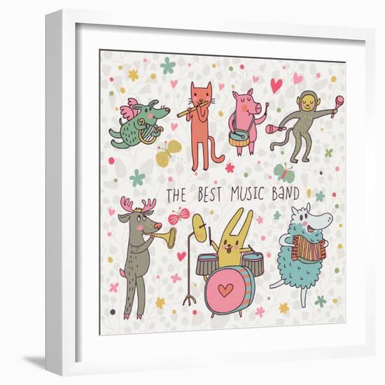 The Best Music Band. Cartoon Animals Playing on Various Musical Instruments - Drums, Accordion, Flu-smilewithjul-Framed Art Print