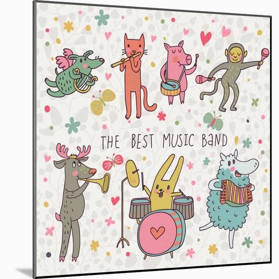 The Best Music Band. Cartoon Animals Playing on Various Musical Instruments - Drums, Accordion, Flu-smilewithjul-Mounted Art Print