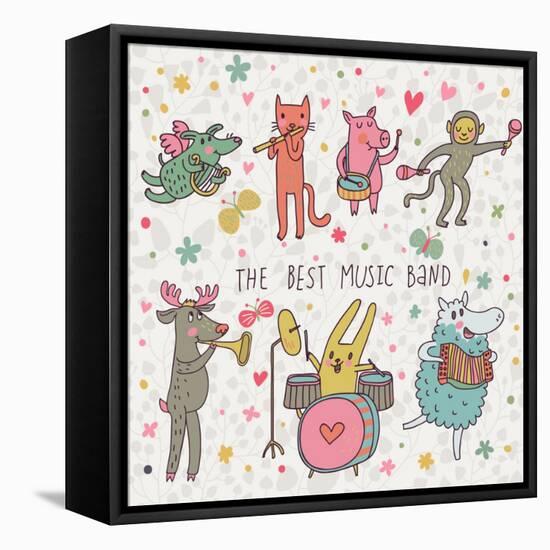 The Best Music Band. Cartoon Animals Playing on Various Musical Instruments - Drums, Accordion, Flu-smilewithjul-Framed Stretched Canvas