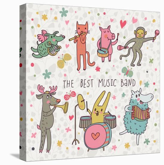 The Best Music Band. Cartoon Animals Playing on Various Musical Instruments - Drums, Accordion, Flu-smilewithjul-Stretched Canvas