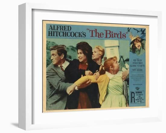 The Birds, Lobbycard, L-R: Rod Taylor, Suzanne Pleshette, Tippi Hedren, Veronica CArtwright, 1963-null-Framed Art Print